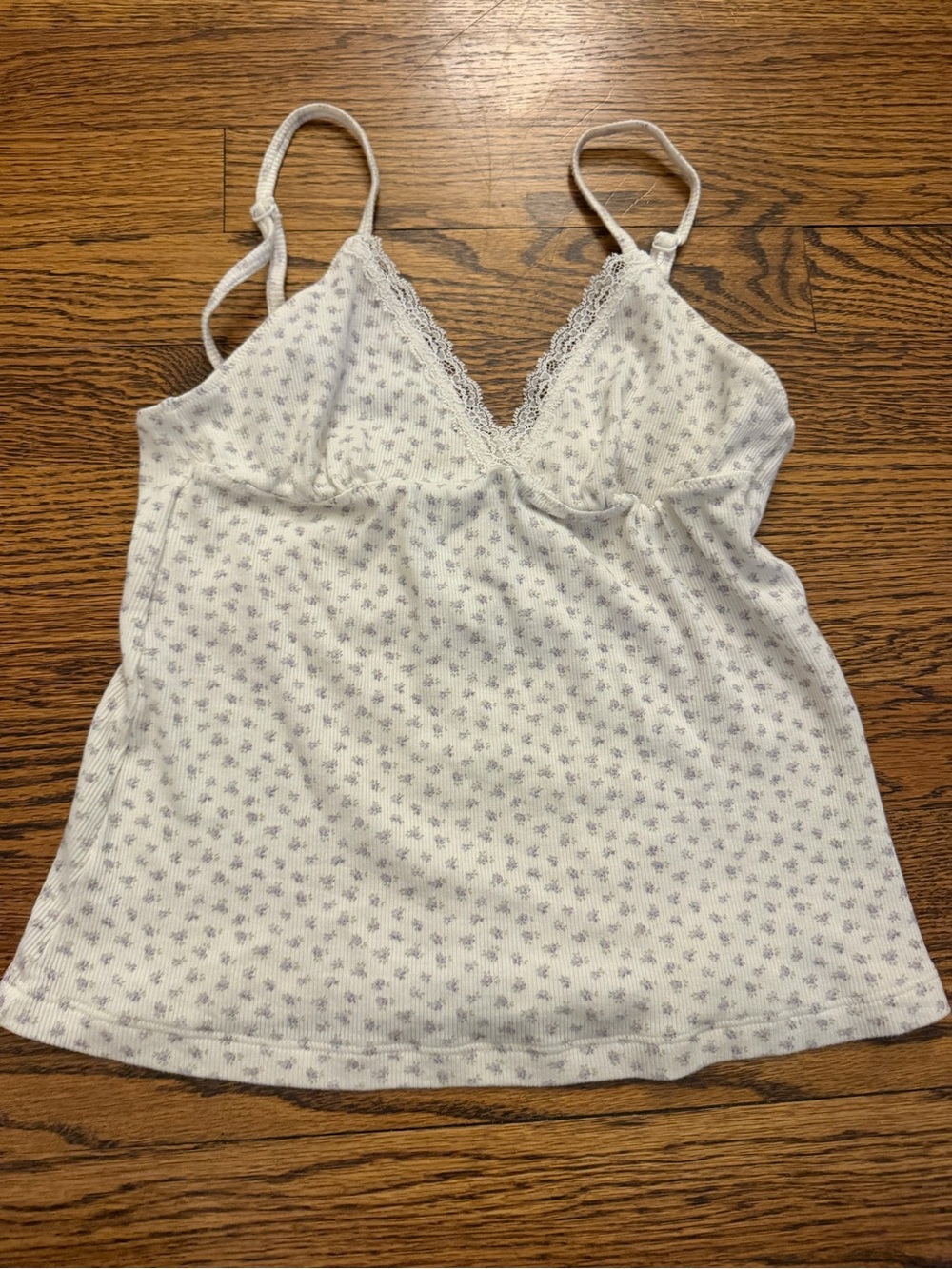 Brandy Melville White Cami with Light Purple Floral Print and Lace